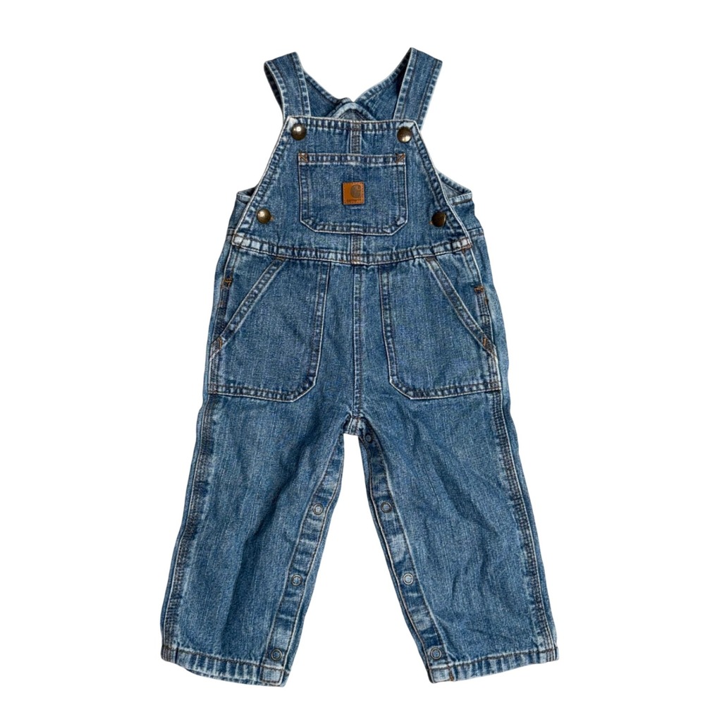 Carhartt Denim Bib Overalls Kids 12 Months Blue Excellent Snap Leg Workwear